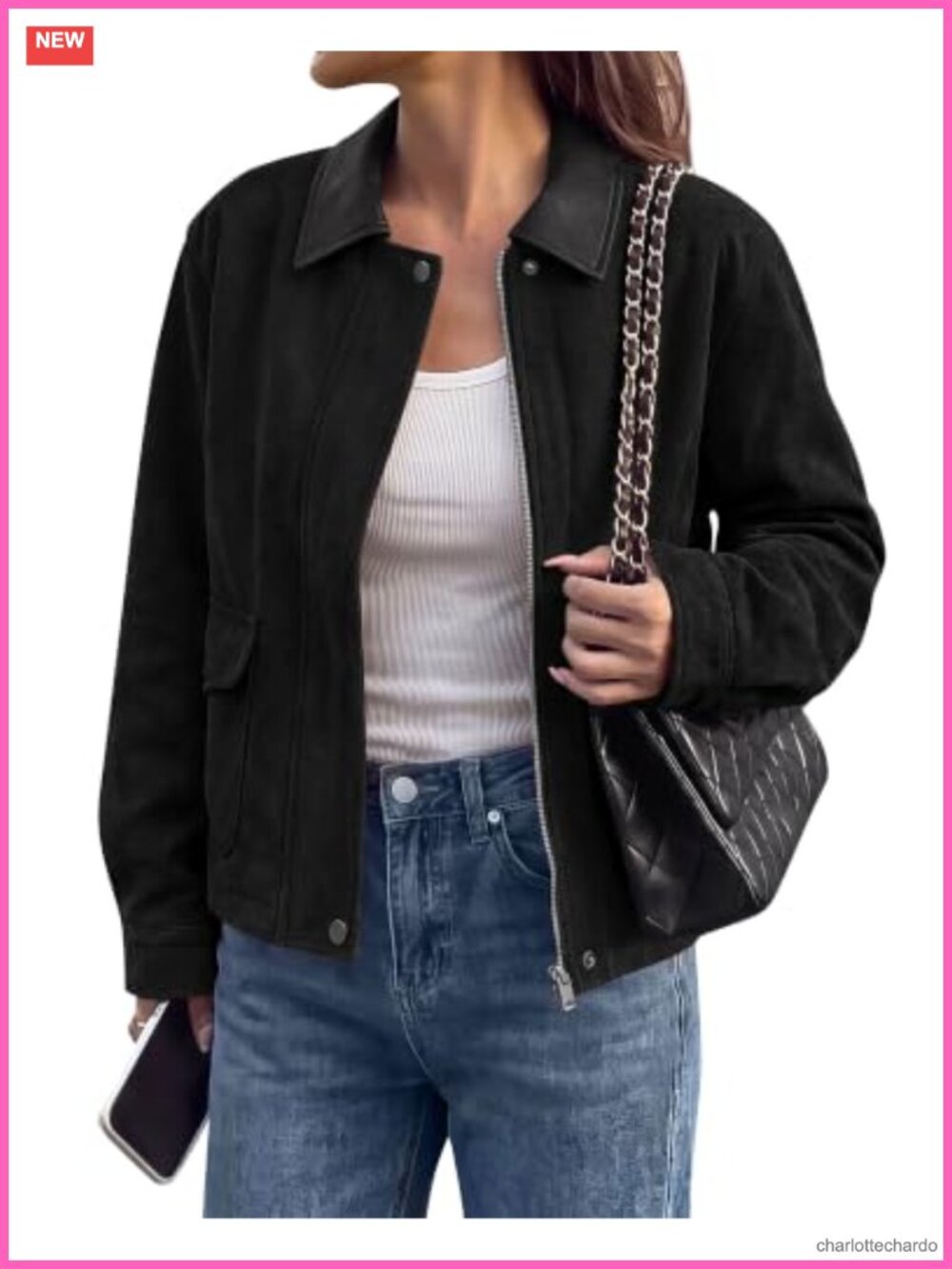 Faux Suede Moto Jacket Zip Up Button Flap Pockets Fall Layering